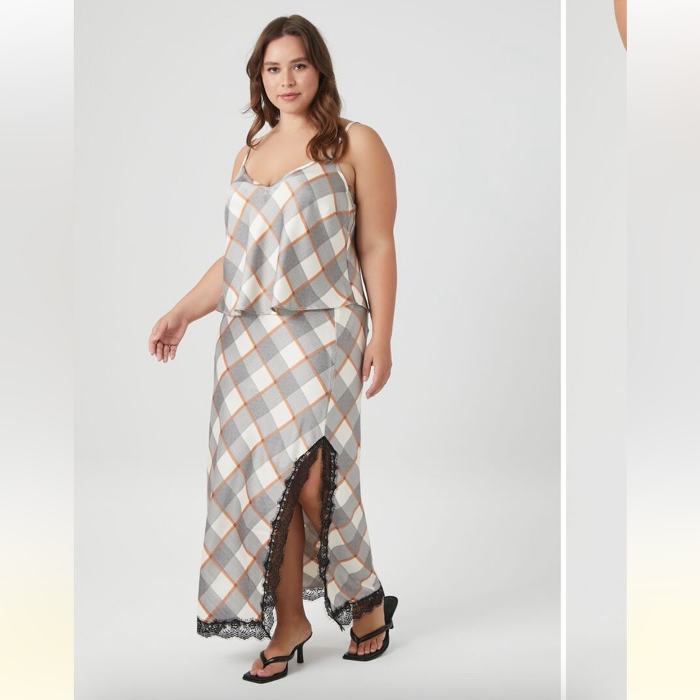 Torrid Forever 21 Plus Size Maxi Plaid Satin Lace Trim Skirt